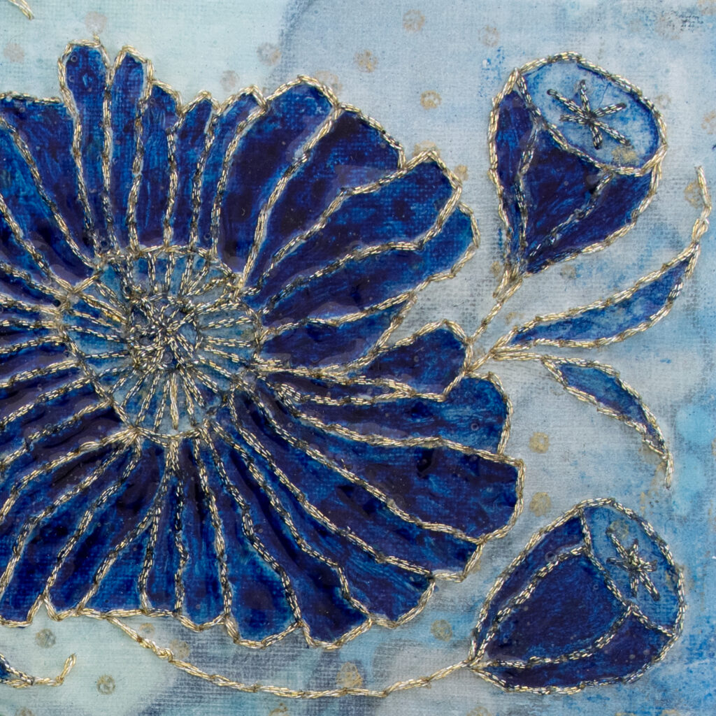 Fleur Indigo No. 4, Acrylic and Mixed Media painting by artist Heather Elliott, Detailed view